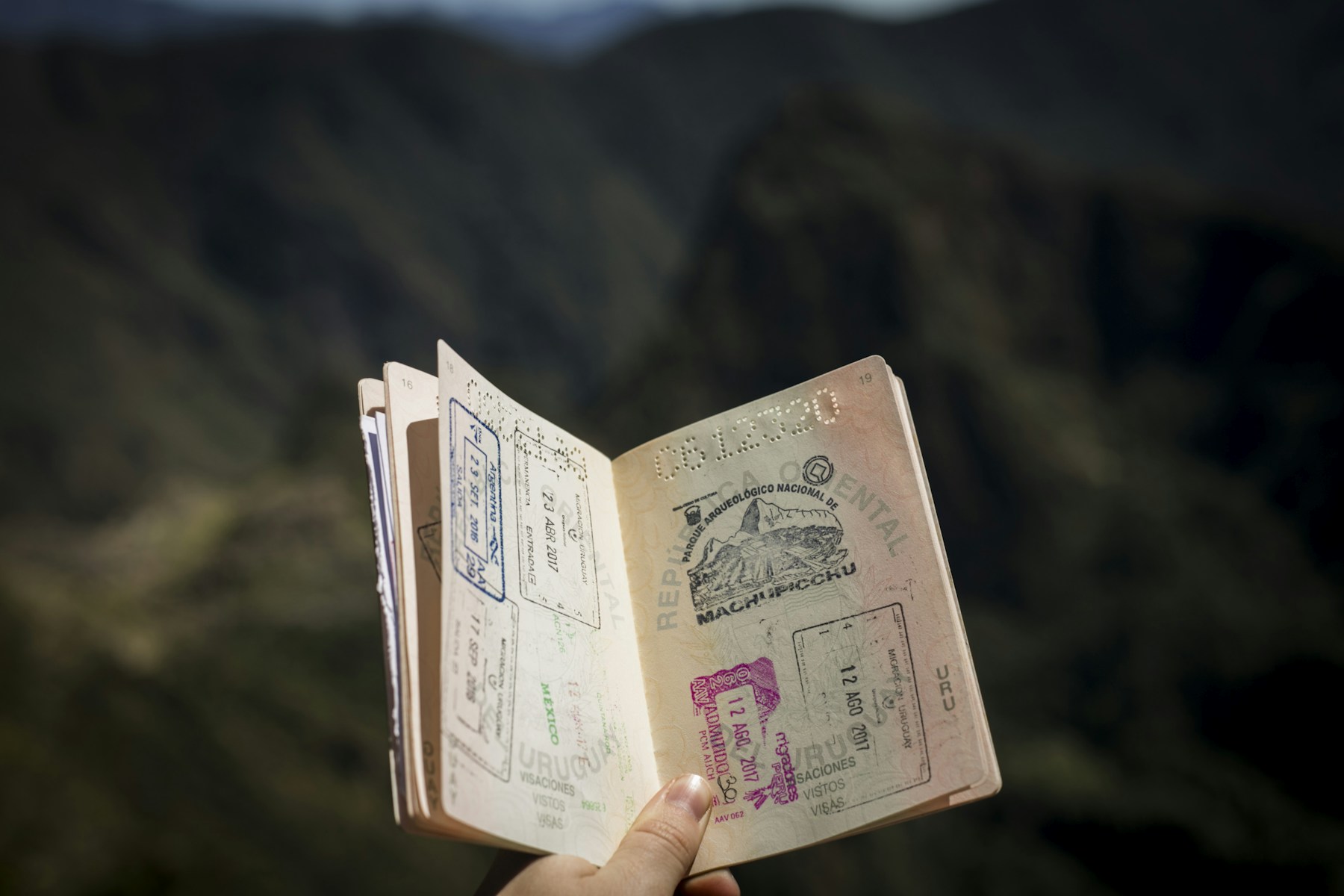 An open passport full of stamps