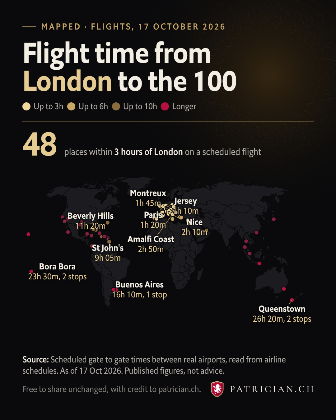 World map of the places on the board colored by scheduled flight time from London.