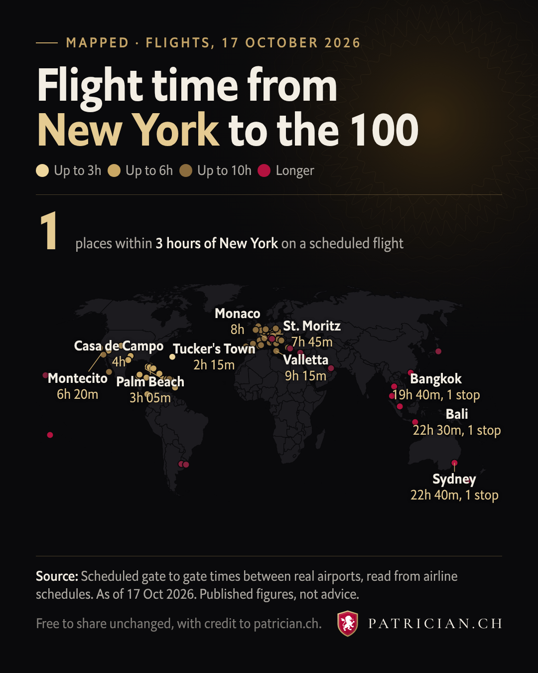 World map of the places on the board colored by scheduled flight time from New York.